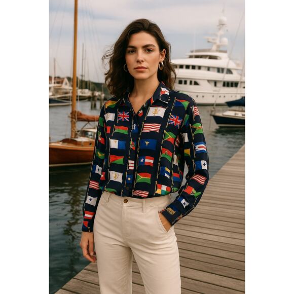 NWT Liz Claiborne Petites Vintage Nautical Flag Print Blouse 10P Cruise Resort - Picture 1 of 6